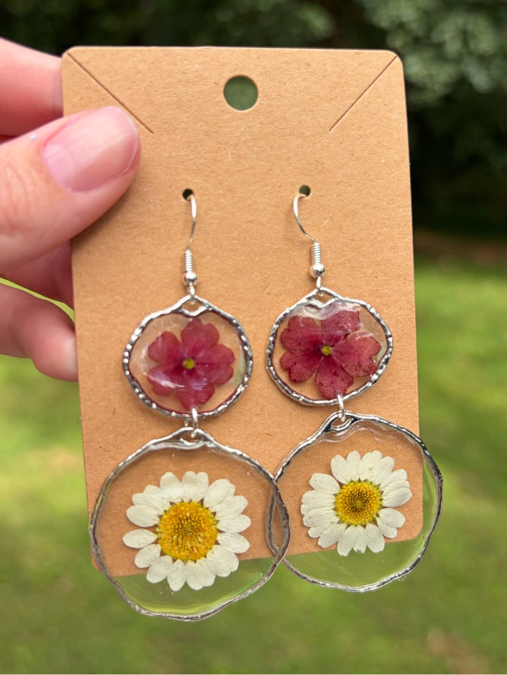 E17 Handmade Real Pressed Flower Earrings | Silver Floral Botanical Jewelry